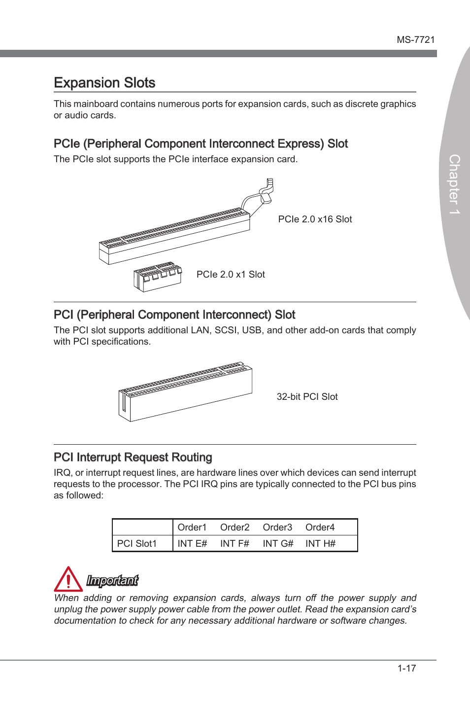 Pci (peripheral component interconnect) slot, Pci interrupt request routing, Expanson slots -17 | On slot, On slots, Pci expanson slot, Chapter 1 expanson slots, Pci (perpheral component interconnect) slot, Pci interrupt request routng, Important | MSI FM2-A85XMA-E35 User Manual | Page 29 / 86