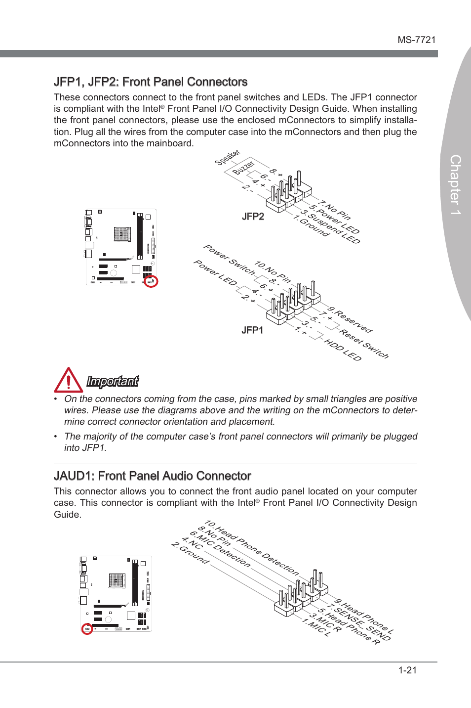 Jaud1: front panel audio connector, Jfp1, jfp2: front panel connectors, Jaud1 | Front panel audo connector, Jfp1, jfp2, Front panel connectors, Chapter 1, Important, Jaud1: front panel audo connector | MSI FM2-A85XMA-E35 User Manual | Page 33 / 86