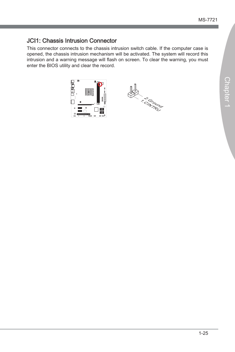 Jci1: chassis intrusion connector, Jci1, Chasss intruson connector | Chapter 1, Jci1: chasss intruson connector | MSI FM2-A85XMA-E35 User Manual | Page 37 / 86