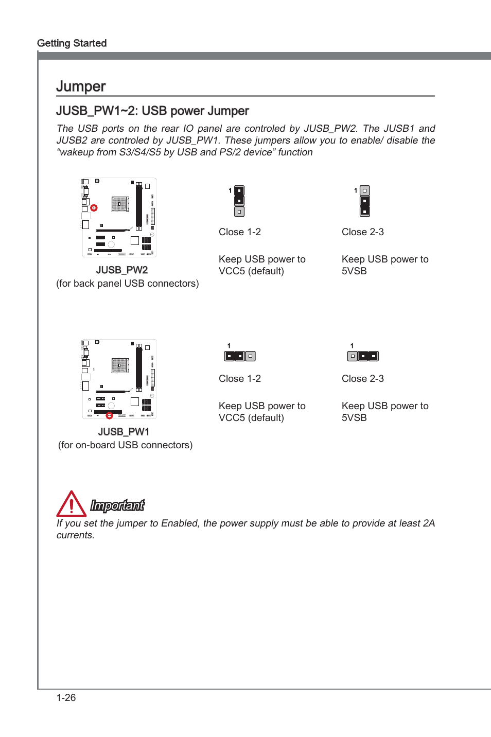 Jusb_pw1~2: usb power jumper, Jumper -26, Jusb_pw1~2 | Usb power jumper, Jumper, Important | MSI FM2-A85XMA-E35 User Manual | Page 38 / 86