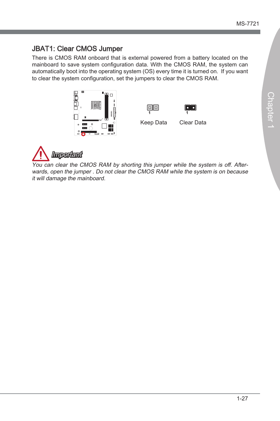 Jbat1: clear cmos jumper, Jbat1, Clear cmos jumper | Chapter 1, Important | MSI FM2-A85XMA-E35 User Manual | Page 39 / 86