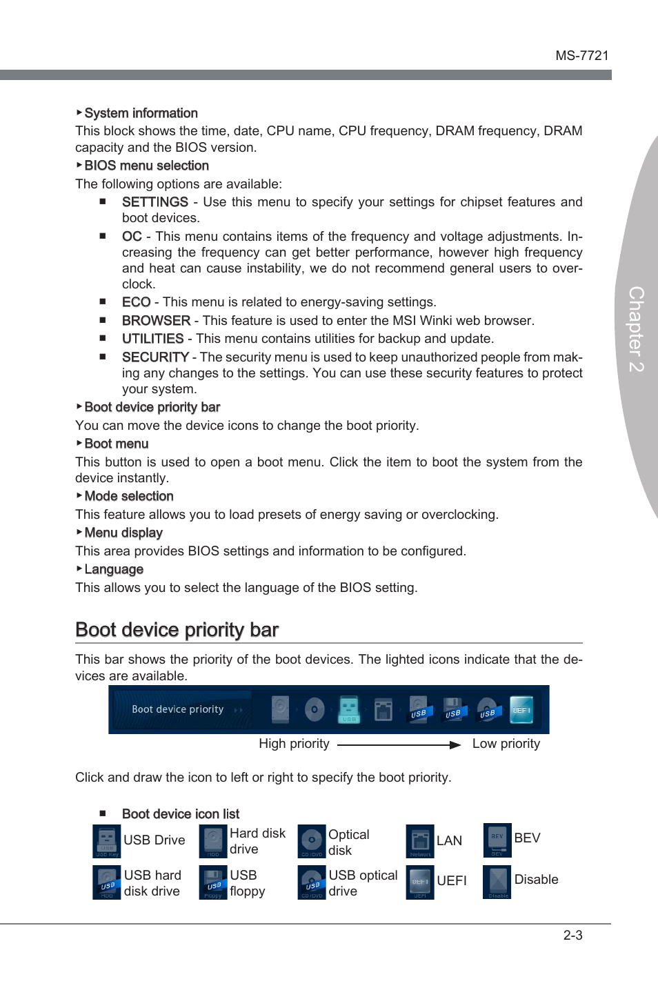 Boot devce prorty bar -3, Chapter 2, Boot devce prorty bar | MSI FM2-A85XMA-E35 User Manual | Page 43 / 86