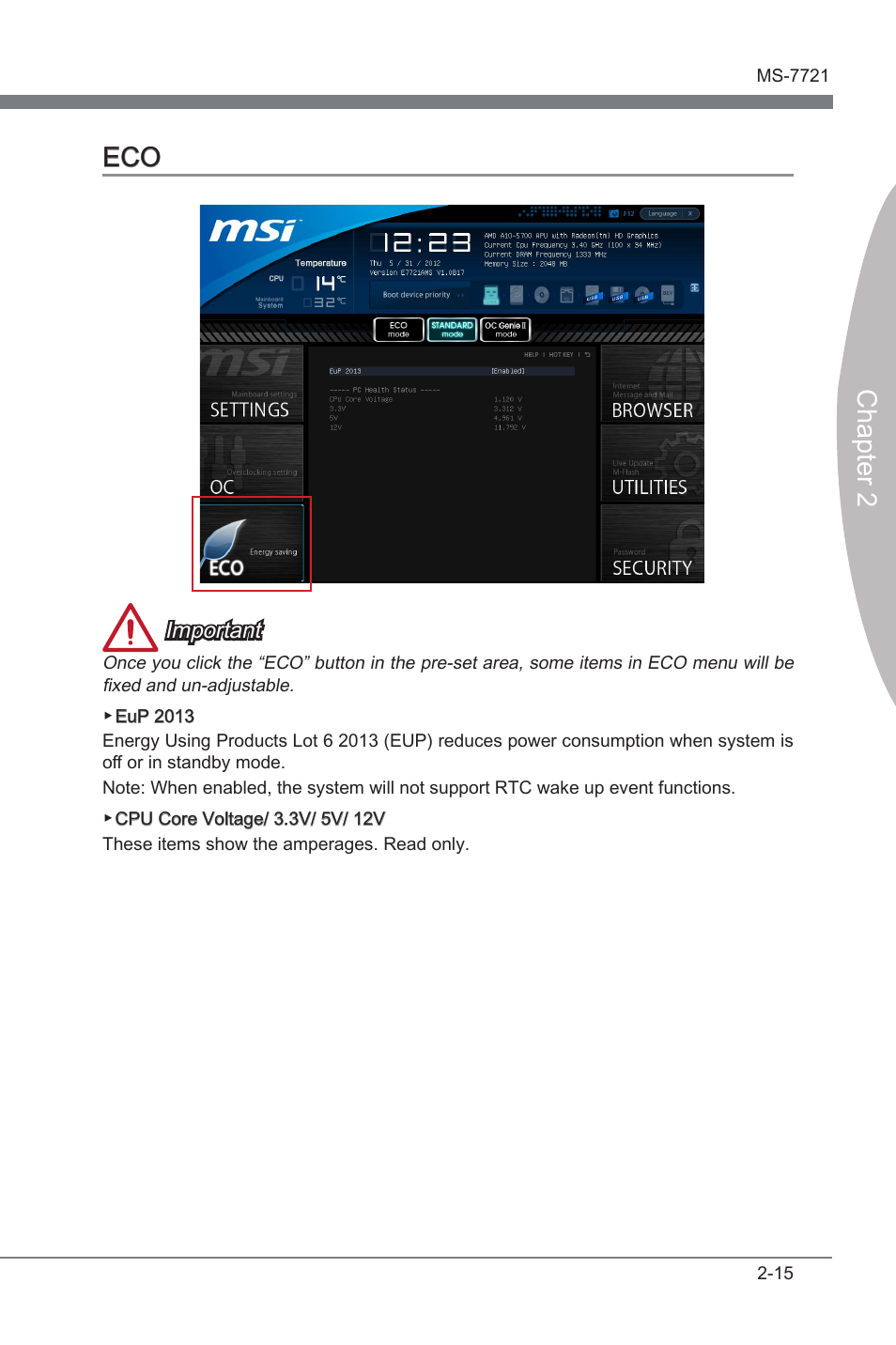 Eco -15, Chapter 2 eco, Important | MSI FM2-A85XMA-E35 User Manual | Page 55 / 86