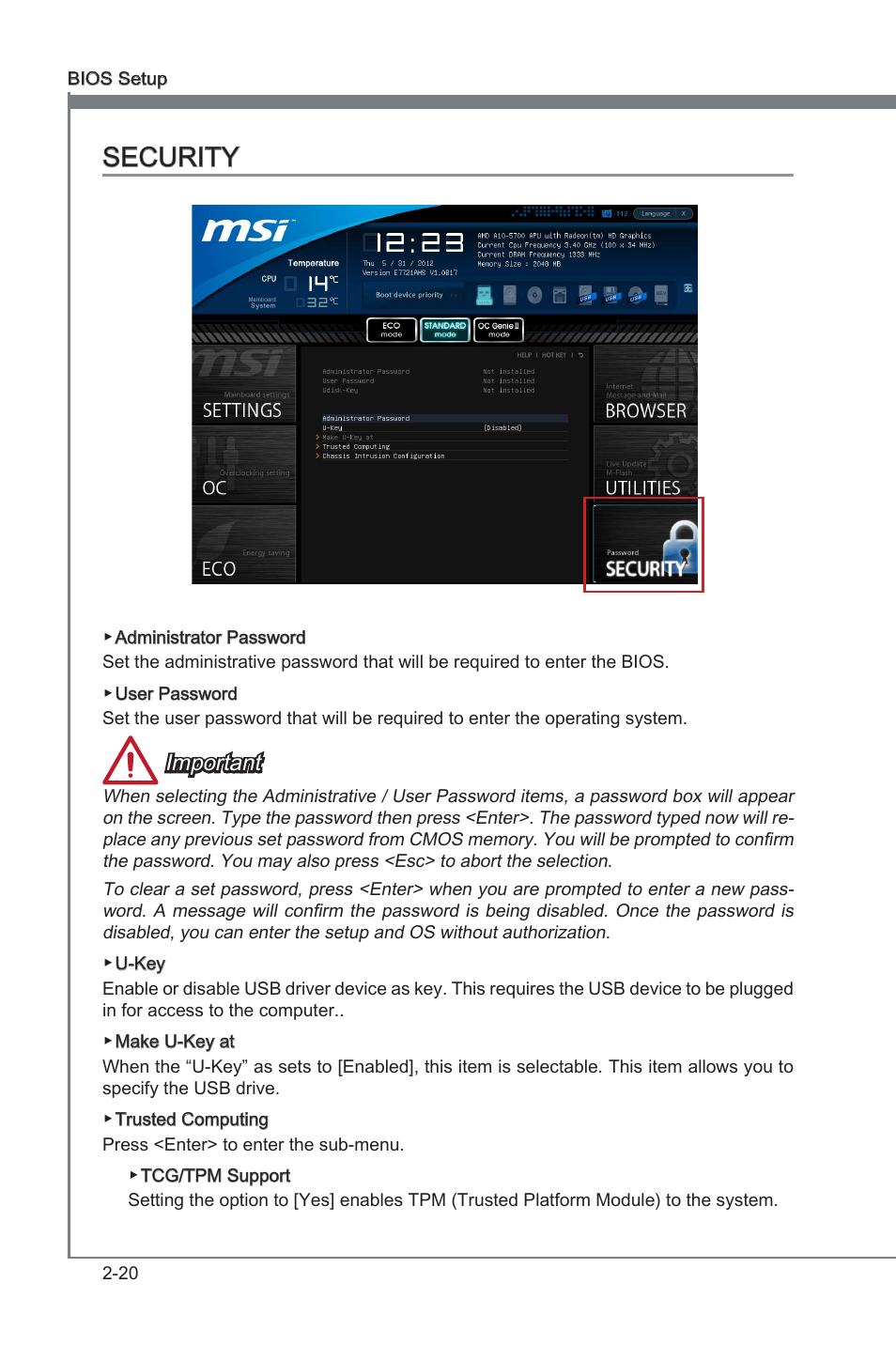 Security -20, Security, Important | MSI FM2-A85XMA-E35 User Manual | Page 60 / 86