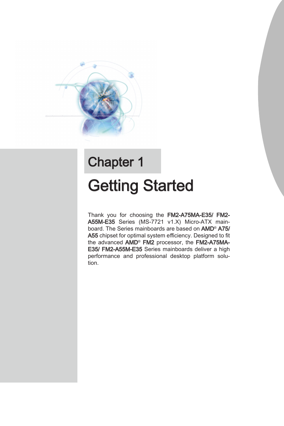 Chapter 1 gettng started -1, Gettng started, Chapter 1 | MSI FM2-A55M-E35 User Manual | Page 13 / 86