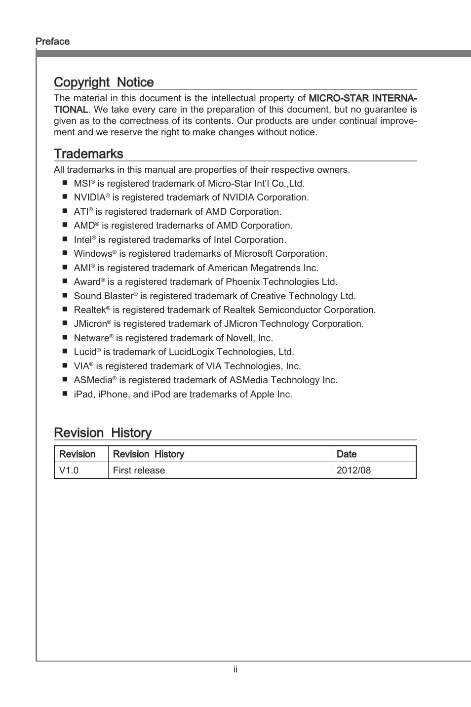 Copyrght notce, Trademarks, Revson hstory | MSI FM2-A55M-E35 User Manual | Page 2 / 86
