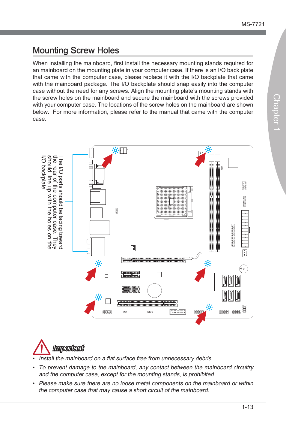 Mountng screw holes -13, Chapter 1 mountng screw holes, Important | MSI FM2-A55M-E35 User Manual | Page 25 / 86