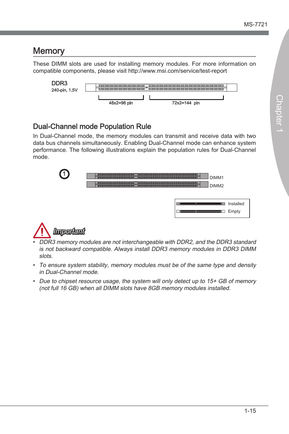 Memory -15, Dual-channel mode populaton rule, Important | MSI FM2-A55M-E35 User Manual | Page 27 / 86