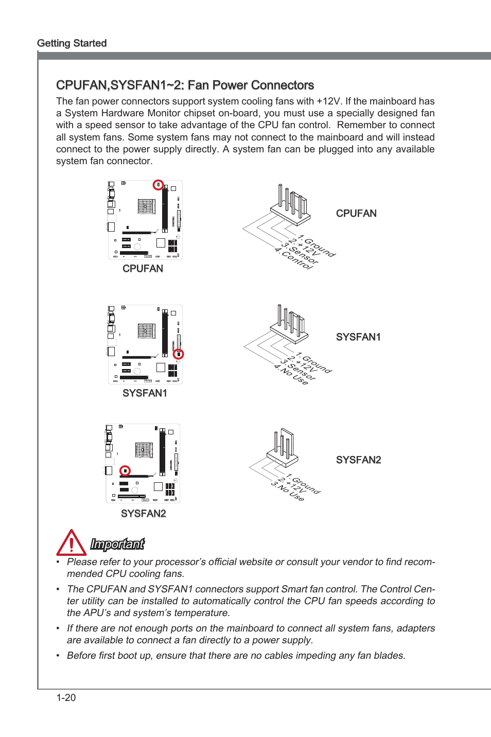 Cpufan,sysfan1~2: fan power connectors, Cpufan,sysfan1~2, Fan power connectors | Important | MSI FM2-A55M-E35 User Manual | Page 32 / 86