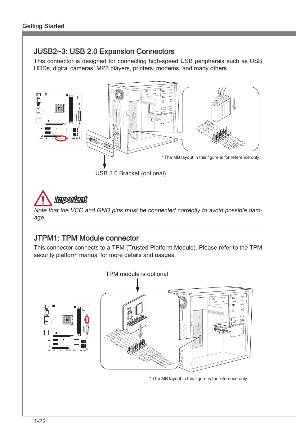 Jtpm1: tpm module connector, Jusb2~3: usb 2.0 expansion connectors, Jtpm1 | Tpm module connector, Jusb2~3, Usb 2.0 expanson connectors, Jusb2~3: usb 2.0 expanson connectors, Important, 22 gettng started, Usb 2.0 bracket (optonal) | MSI FM2-A55M-E35 User Manual | Page 34 / 86