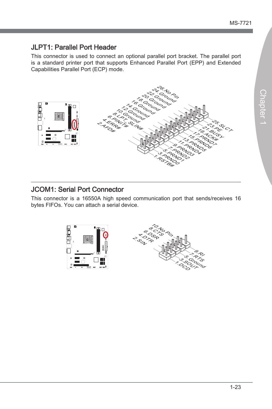 Jcom1: serial port connector, Jlpt1: parallel port header, Jcom1 | Seral port connector, Jlpt1, Parallel port header, Chapter 1, Jcom1: seral port connector | MSI FM2-A55M-E35 User Manual | Page 35 / 86