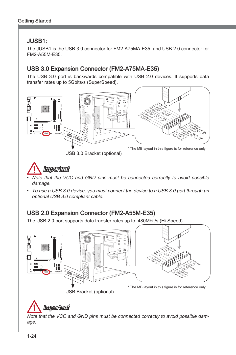 Jusb1, Usb 3.0/ 2.0 expanson connector, Important | 24 gettng started, Usb 3.0 bracket (optonal), Usb bracket (optonal) | MSI FM2-A55M-E35 User Manual | Page 36 / 86