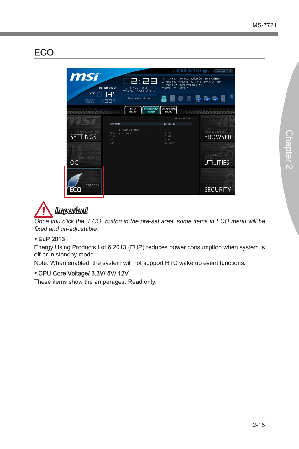 Eco -15, Chapter 2 eco, Important | MSI FM2-A55M-E35 User Manual | Page 55 / 86