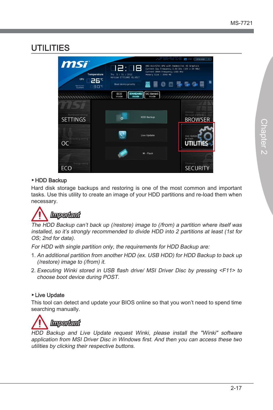 Utilities -17, Chapter 2 utilities, Important | MSI FM2-A55M-E35 User Manual | Page 57 / 86