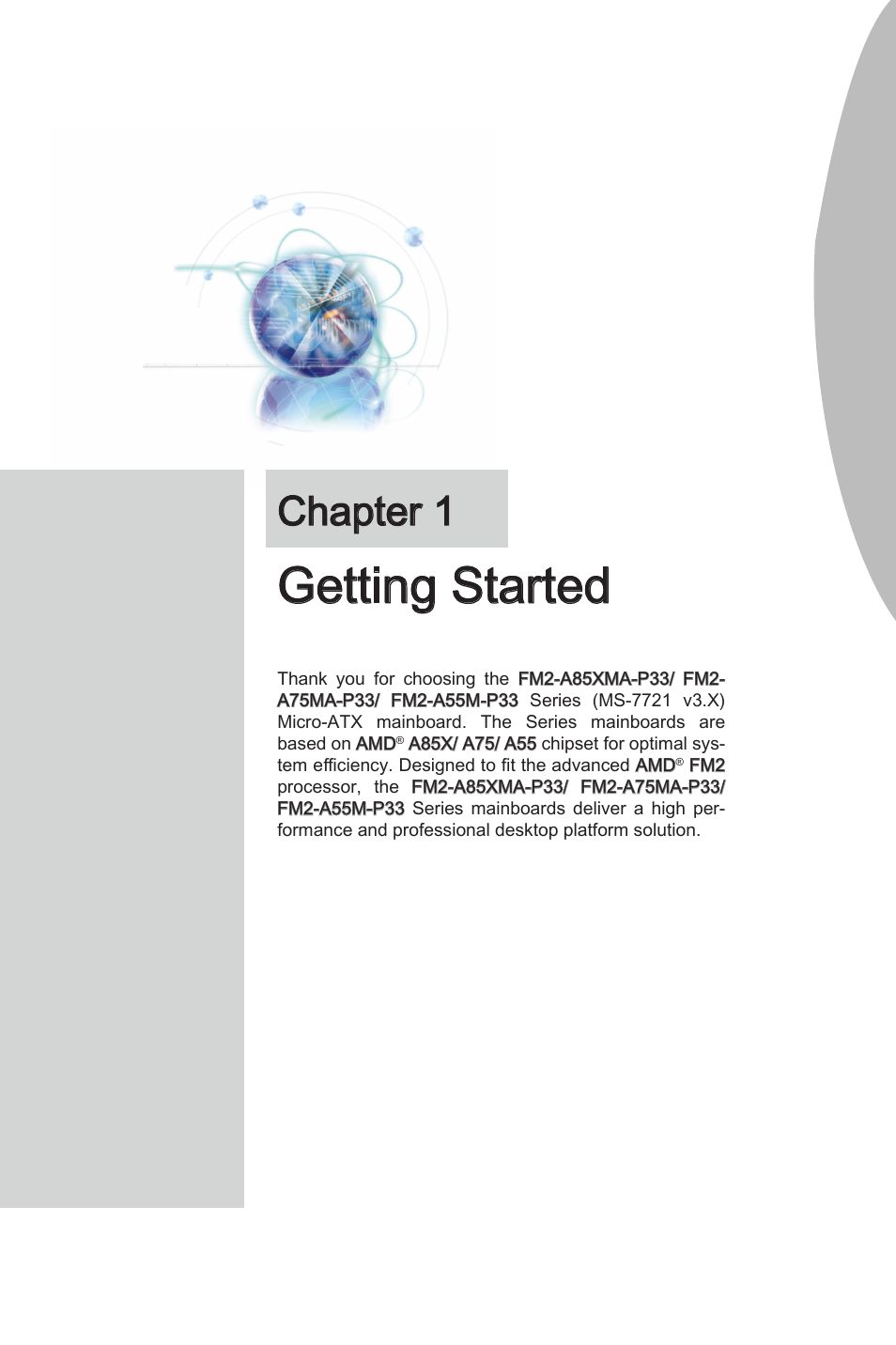 Chapter 1 gettng started -1, Gettng started, Chapter 1 | MSI FM2-A75MA-P33 User Manual | Page 13 / 84