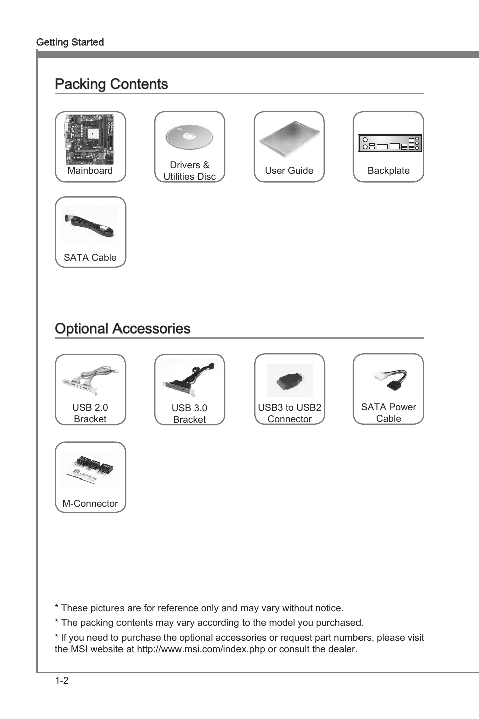 Packng contents -2 optonal accessores -2, Packng contents, Optonal accessores | MSI FM2-A75MA-P33 User Manual | Page 14 / 84