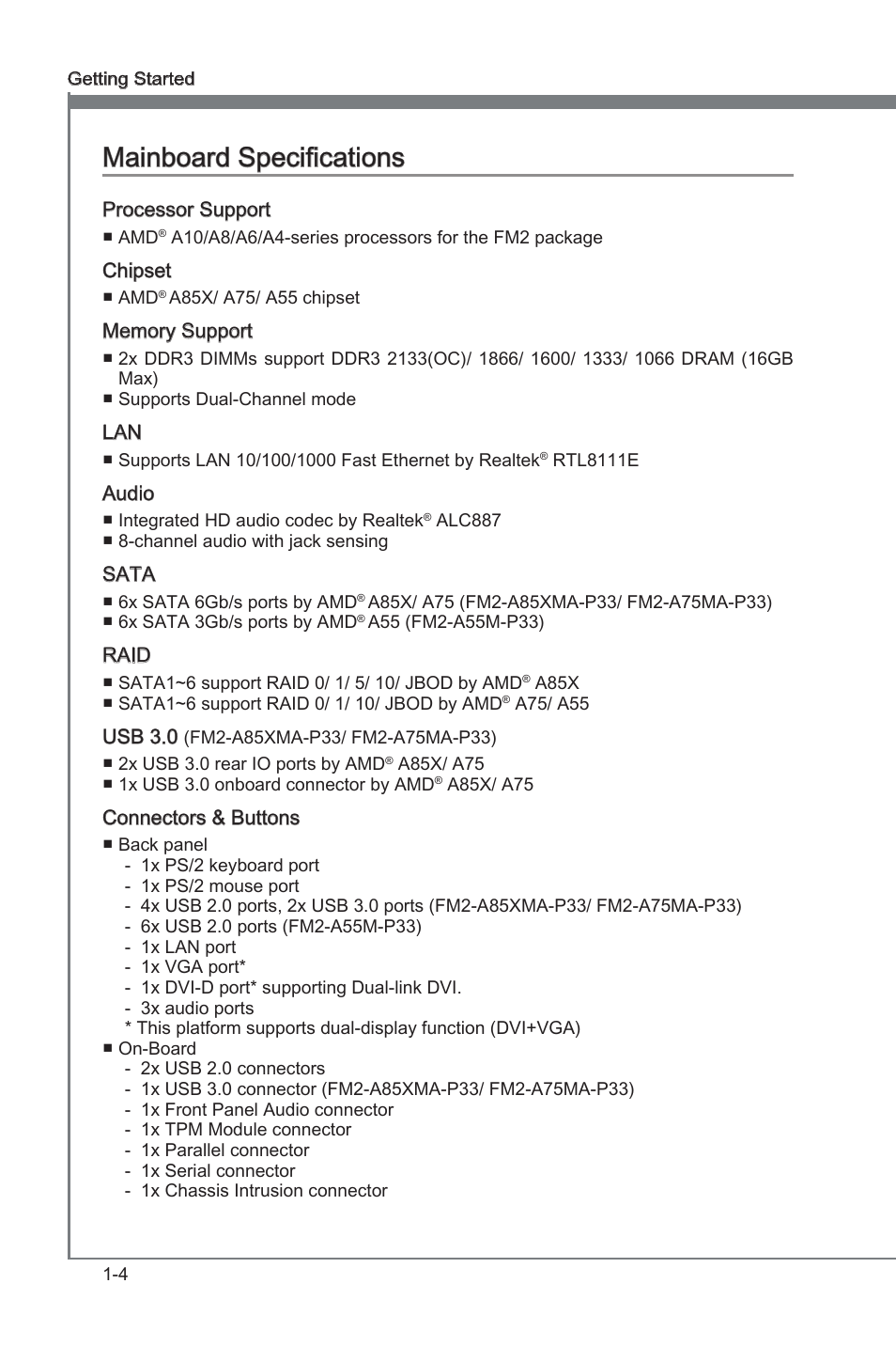 Manboard specficatons -4, Manboard specficatons | MSI FM2-A75MA-P33 User Manual | Page 16 / 84