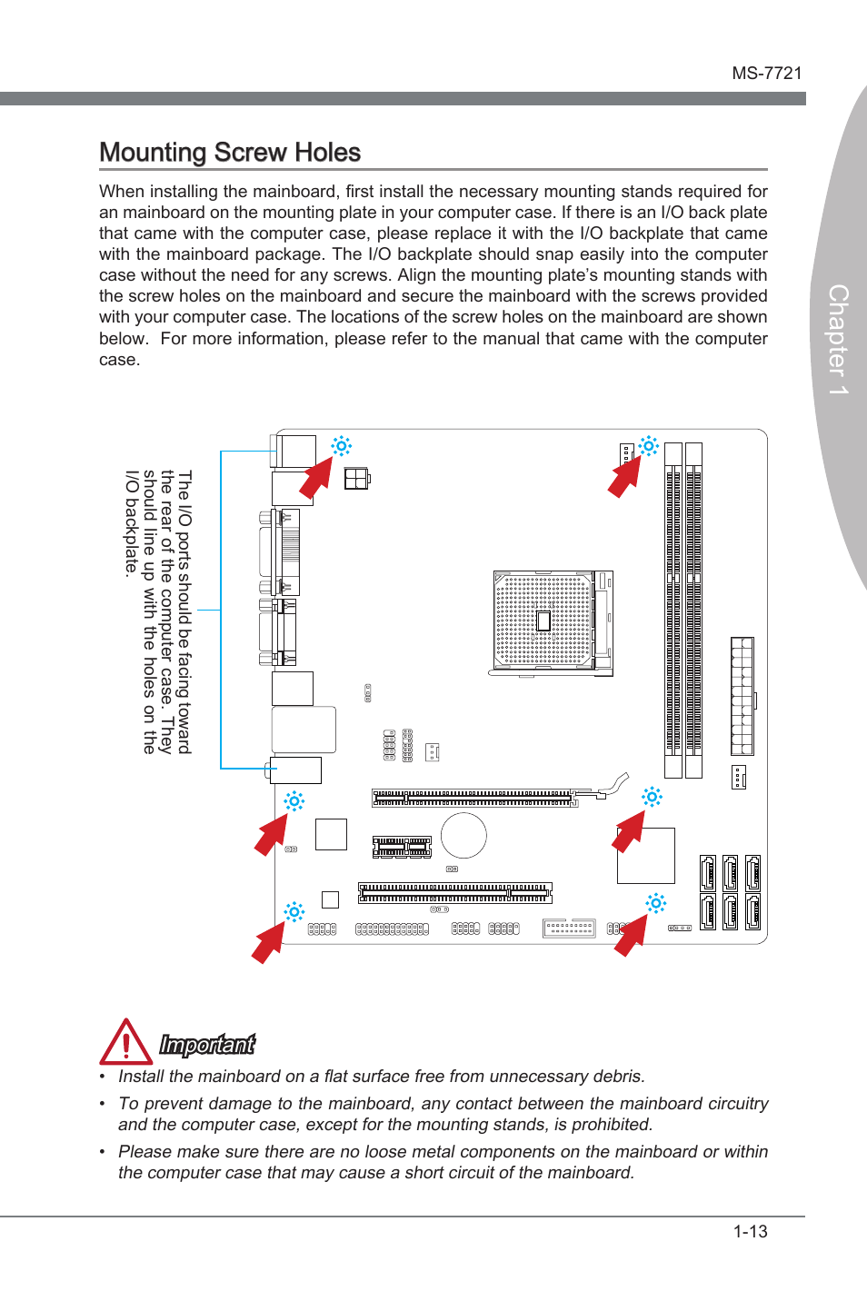 Mountng screw holes -13, Chapter 1 mountng screw holes, Important | MSI FM2-A75MA-P33 User Manual | Page 25 / 84