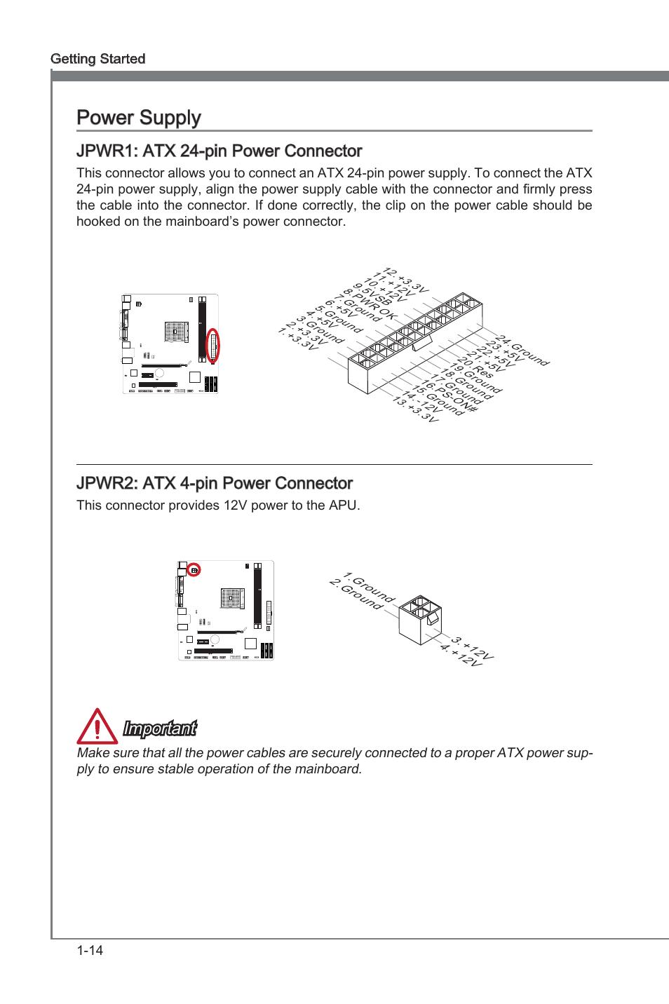 Jpwr1: atx 24-pin power connector, Jpwr2: atx 4-pin power connector, Power supply -14 | Jpwr1, Atx 24-pn power connector, Jpwr2, Atx 4-pn power connector, Power supply, Jpwr1: atx 24-pn power connector, Jpwr2: atx 4-pn power connector | MSI FM2-A75MA-P33 User Manual | Page 26 / 84