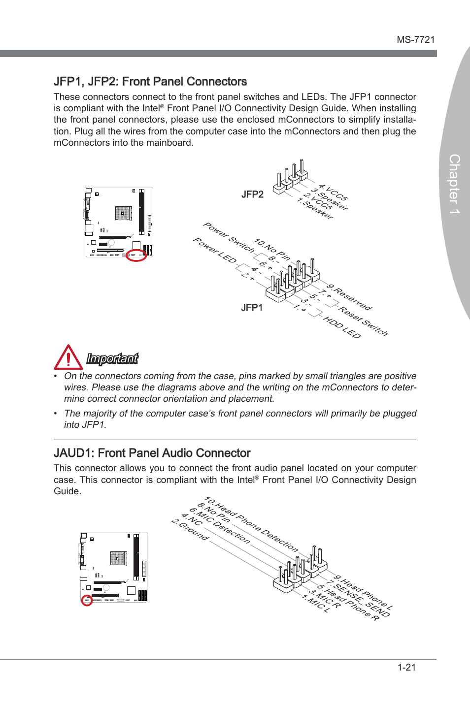 Jaud1: front panel audio connector, Jfp1, jfp2: front panel connectors, Jaud1 | Front panel audo connector, Jfp1, jfp2, Front panel connectors, Chapter 1, Important, Jaud1: front panel audo connector | MSI FM2-A75MA-P33 User Manual | Page 33 / 84