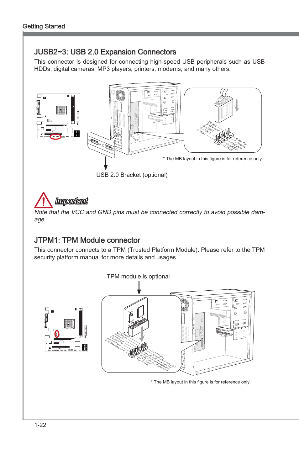 Jtpm1: tpm module connector, Jusb2~3: usb 2.0 expansion connectors, Jtpm1 | Tpm module connector, Jusb2~3, Usb 2.0 expanson connectors, Jusb2~3: usb 2.0 expanson connectors, Important, 22 gettng started, Usb 2.0 bracket (optonal) | MSI FM2-A75MA-P33 User Manual | Page 34 / 84