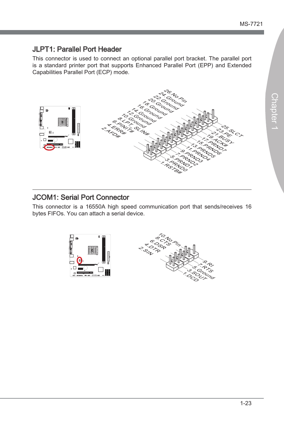 Jcom1: serial port connector, Jlpt1: parallel port header, Jcom1 | Seral port connector, Jlpt1, Parallel port header, Chapter 1, Jcom1: seral port connector | MSI FM2-A75MA-P33 User Manual | Page 35 / 84