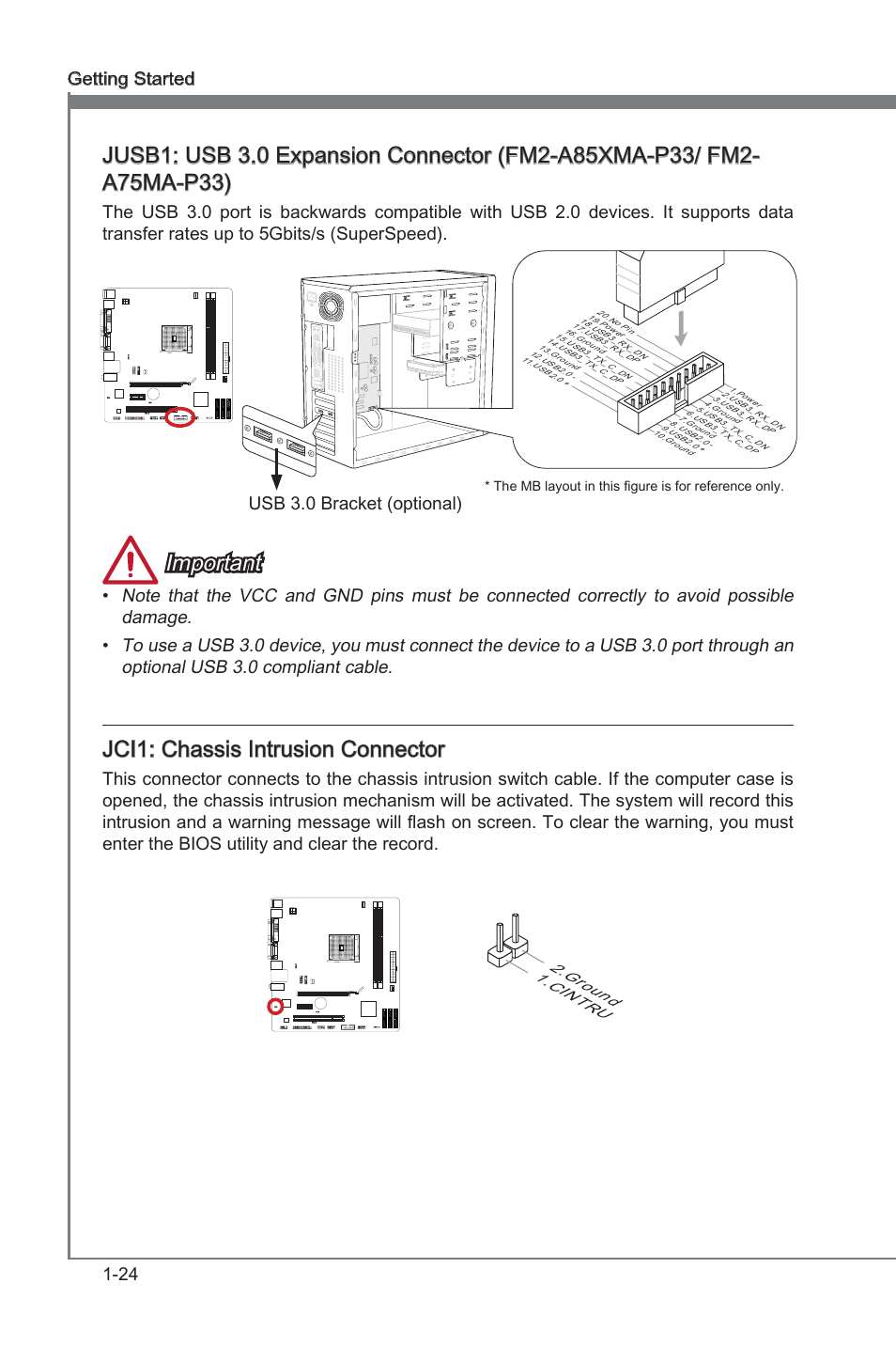 Jci1: chassis intrusion connector, Jci1, Chasss intruson connector | Important, Jci1: chasss intruson connector, 24 gettng started, Usb 3.0 bracket (optonal), Cin tru 2.gro und | MSI FM2-A75MA-P33 User Manual | Page 36 / 84