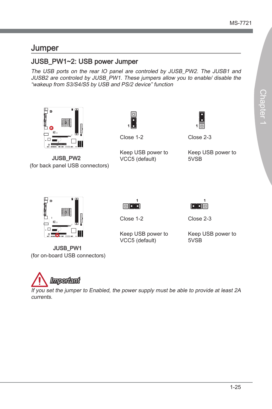 Jusb_pw1~2: usb power jumper, Jumper -25, Jusb_pw1~2 | Usb power jumper, Chapter 1 jumper, Important | MSI FM2-A75MA-P33 User Manual | Page 37 / 84