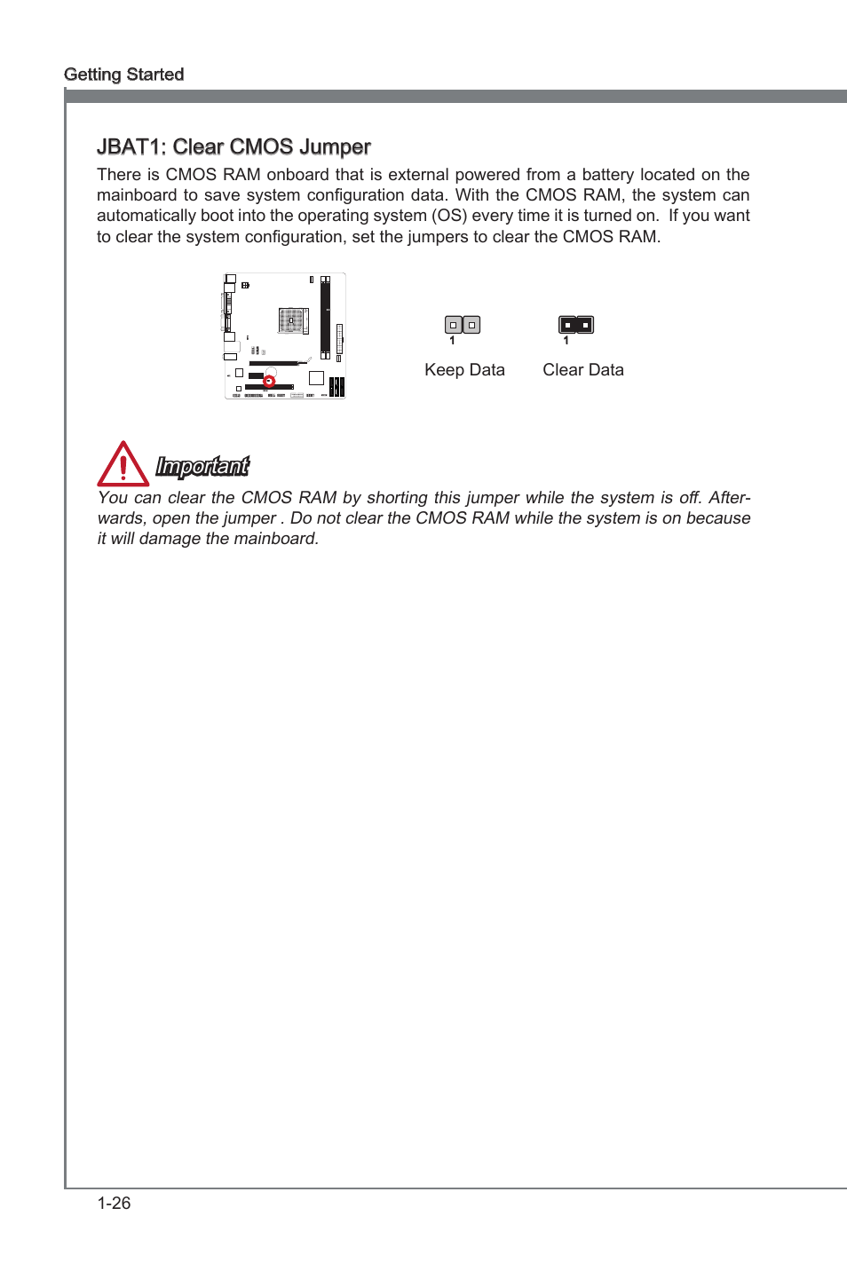 Jbat1: clear cmos jumper, Jbat1, Clear cmos jumper | Important | MSI FM2-A75MA-P33 User Manual | Page 38 / 84