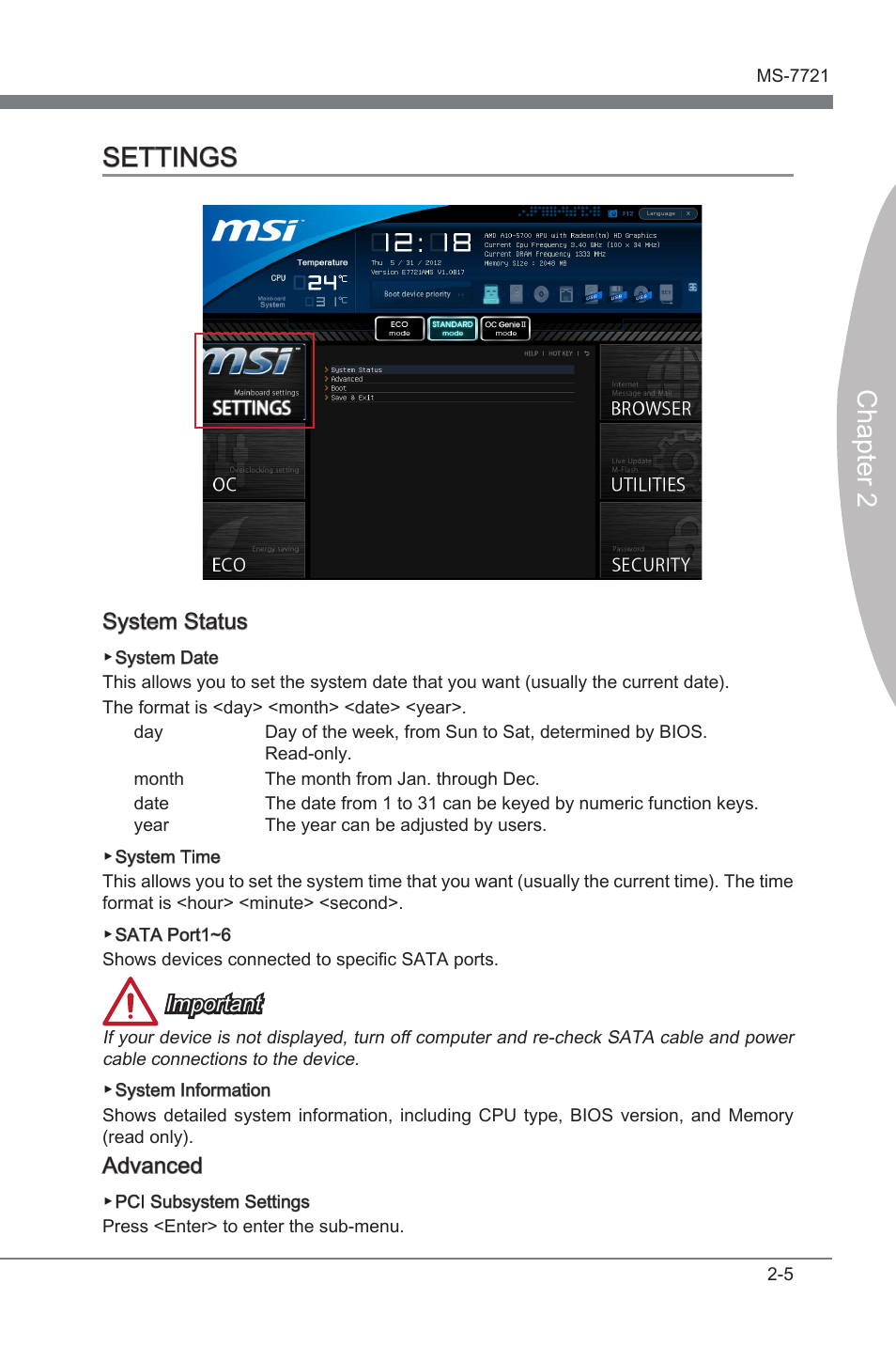 Settings -5, Chapter 2 settings, System status | Important, Advanced | MSI FM2-A75MA-P33 User Manual | Page 45 / 84