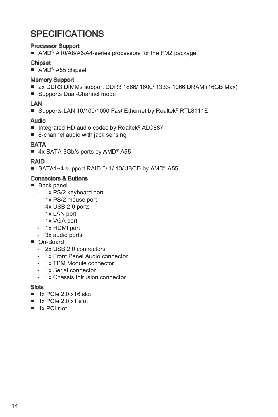 Specifications | MSI FM2-A55M-E33 User Manual | Page 14 / 204