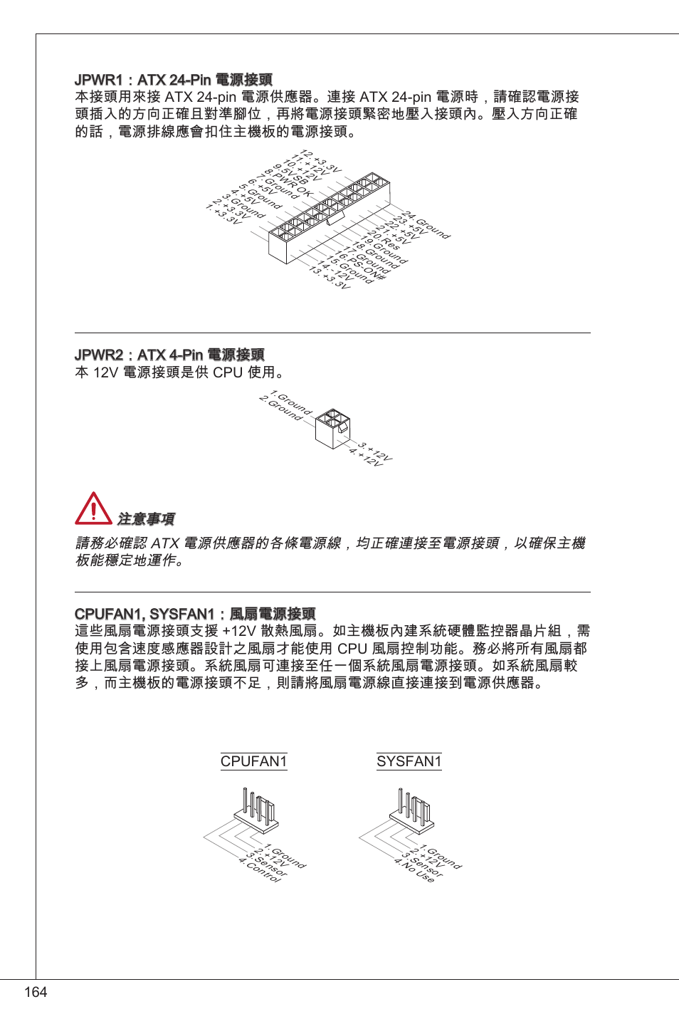 Jpwr2：atx 4-pin 電源接頭 本 2v 電源接頭是供 cpu 使用, Cpufan, Sysfan | MSI FM2-A55M-E33 User Manual | Page 164 / 204