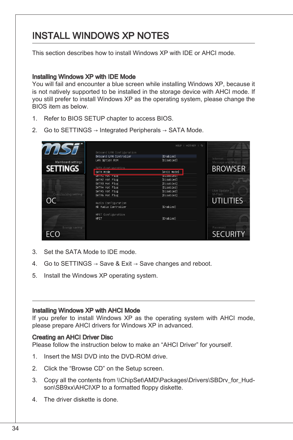 Install windows xp notes | MSI FM2-A55M-E33 User Manual | Page 34 / 204