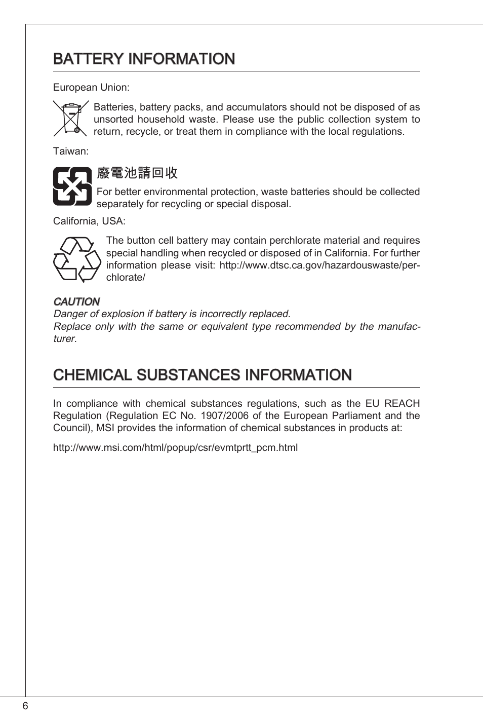 Battery information, Chemical substances information, 廢電池請回收 | MSI FM2-A55M-E33 User Manual | Page 6 / 204