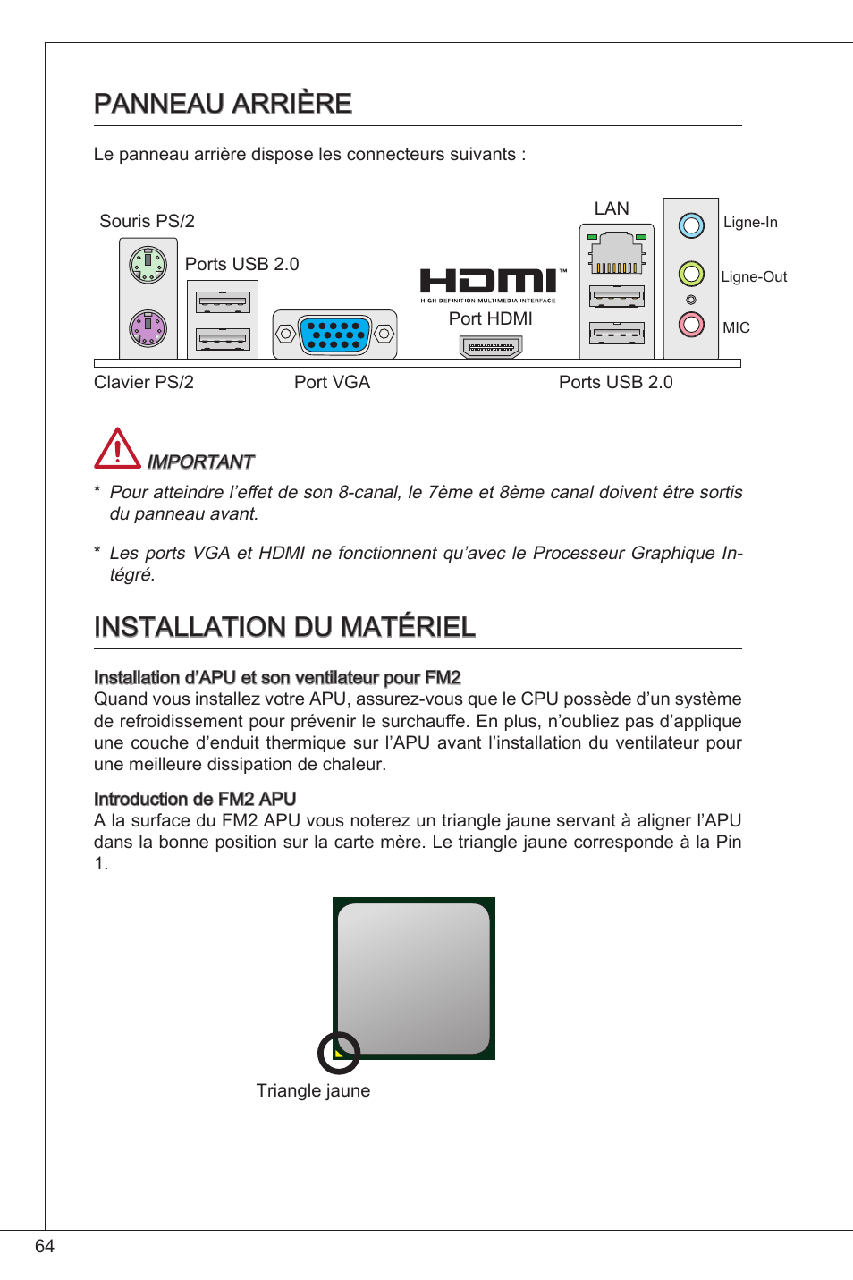 Panneau arrière, Installation du matériel, Panneau arrière installation du matériel | MSI FM2-A55M-E33 User Manual | Page 64 / 204