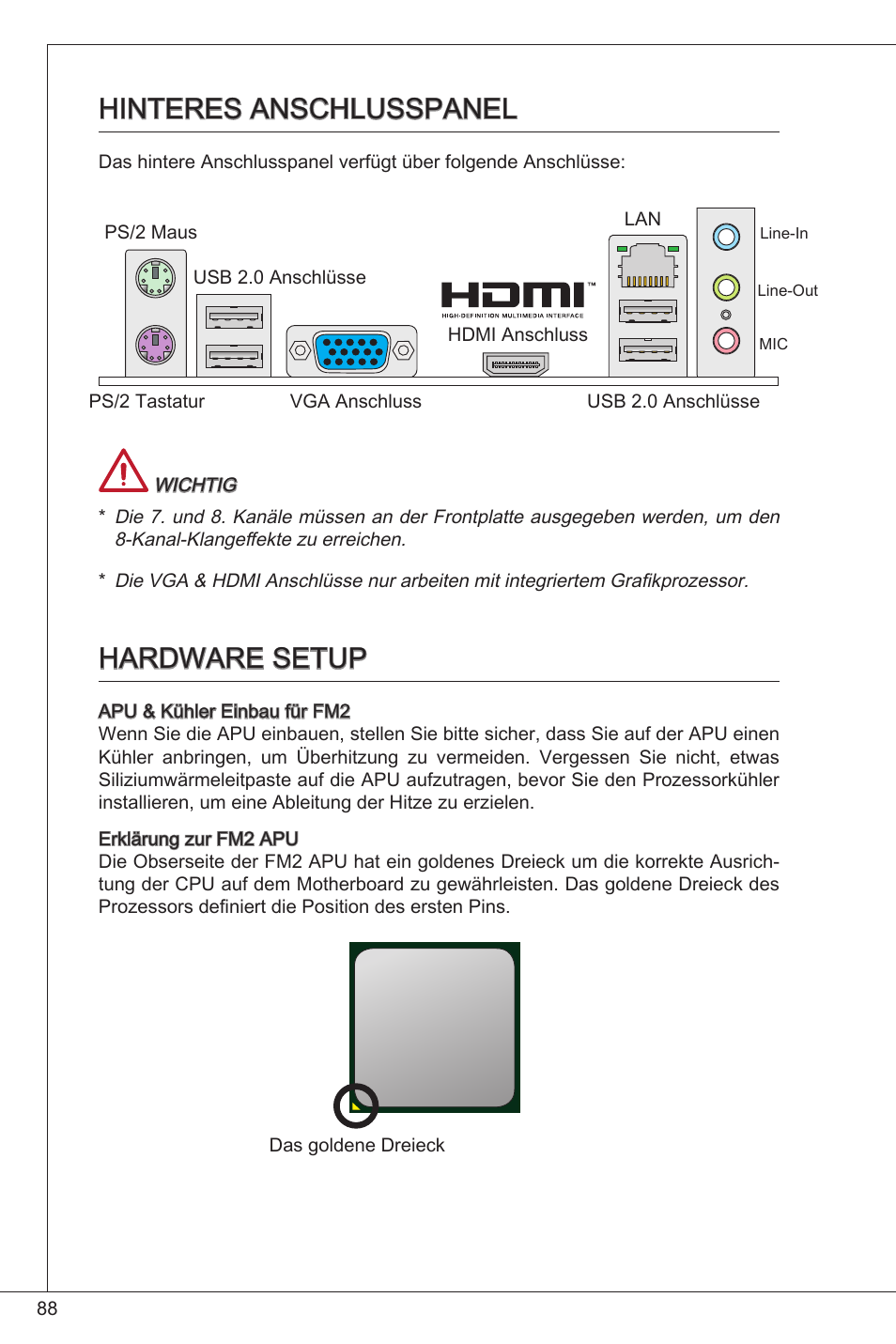 Hinteres anschlusspanel, Hardware setup, Hinteres anschlusspanel hardware setup | MSI FM2-A55M-E33 User Manual | Page 88 / 204