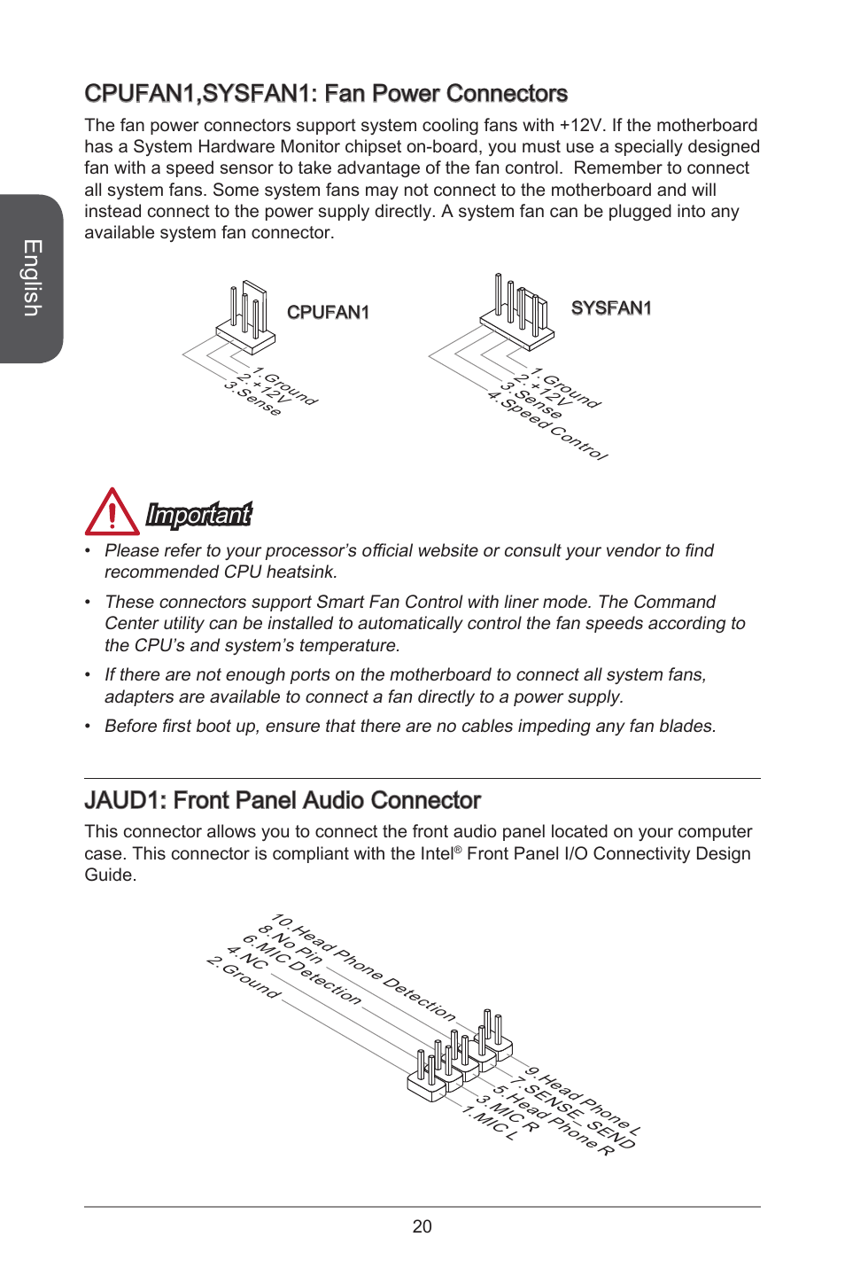 English, Cpufan1,sysfan1: fan power connectors, Important | Jaud1: front panel audio connector | MSI AM1I User Manual | Page 10 / 18