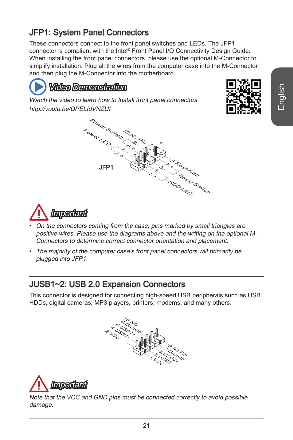 English, Jfp1: system panel connectors, Video demonstration | Important, Jusb1~2: usb 2.0 expansion connectors | MSI AM1I User Manual | Page 11 / 18