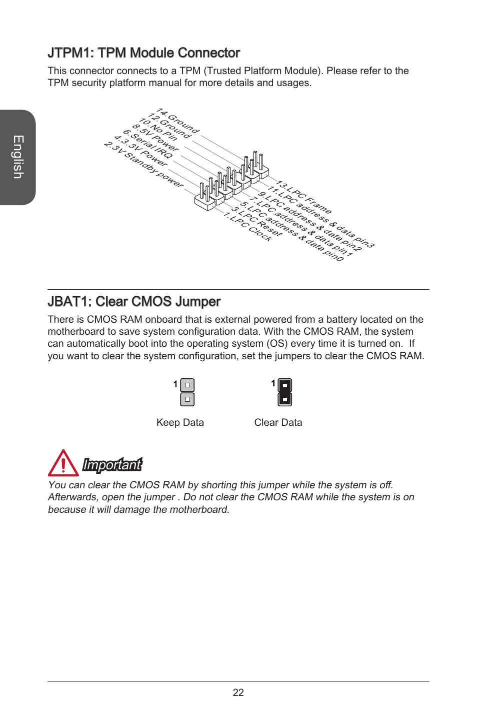 English, Jtpm1: tpm module connector, Jbat1: clear cmos jumper | Important | MSI AM1I User Manual | Page 12 / 18