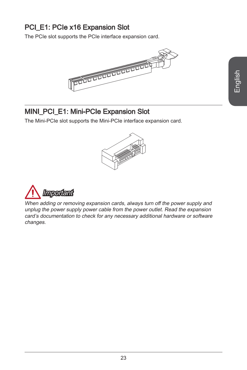 English, Pci_e1: pcie x16 expansion slot, Mini_pci_e1: mini-pcie expansion slot | Important | MSI AM1I User Manual | Page 13 / 18