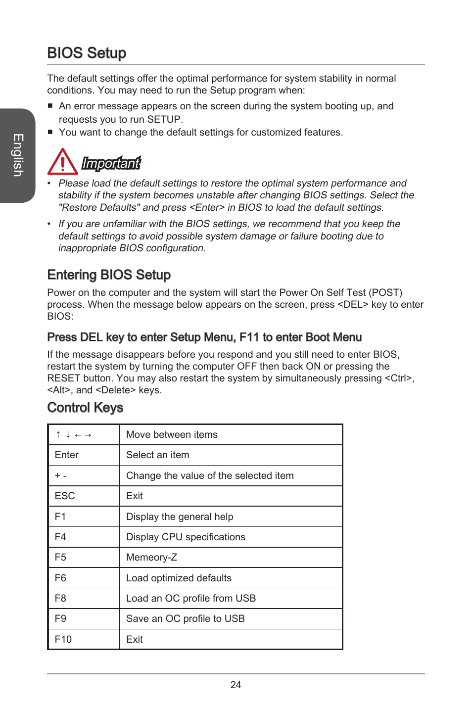 Bios setup, English, Important | Entering bios setup, Control keys | MSI AM1I User Manual | Page 14 / 18