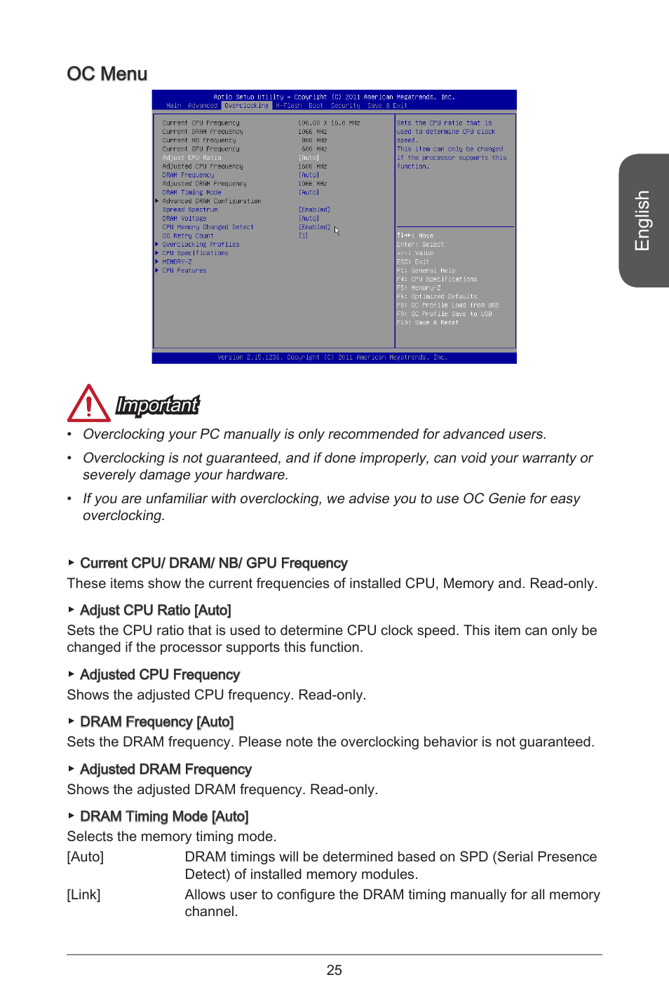 English, Oc menu important | MSI AM1I User Manual | Page 15 / 18