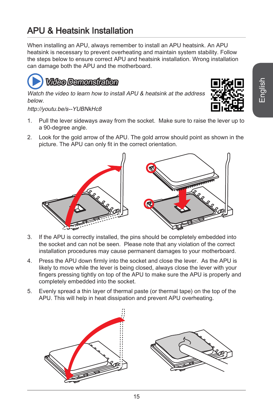 Apu & heatsink installation, English, Video demonstration | MSI AM1I User Manual | Page 5 / 18