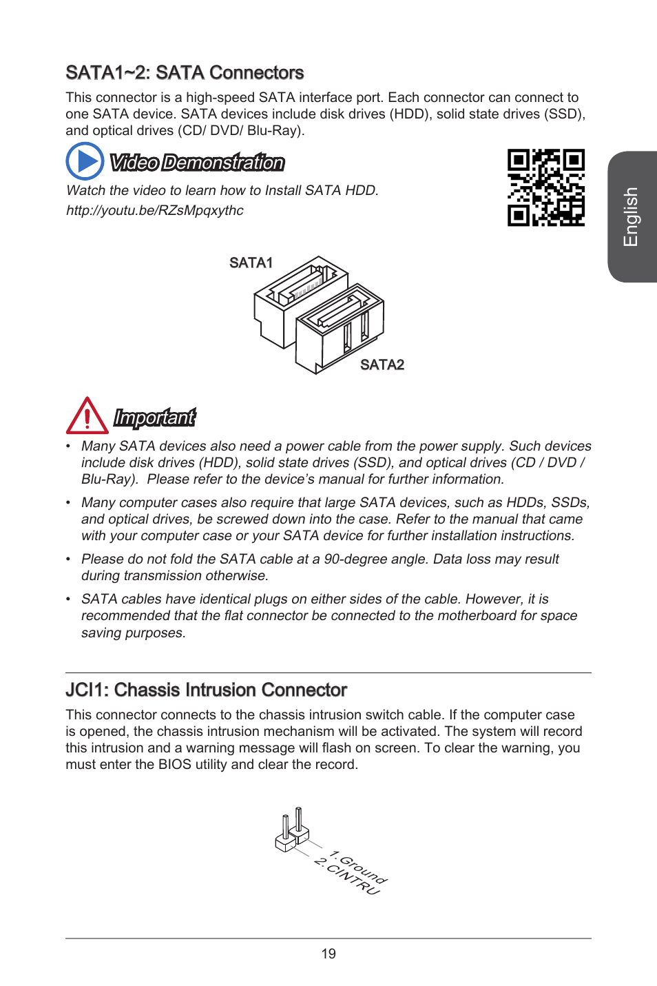English, Sata1~2: sata connectors, Video demonstration | Important, Jci1: chassis intrusion connector | MSI AM1I User Manual | Page 9 / 18