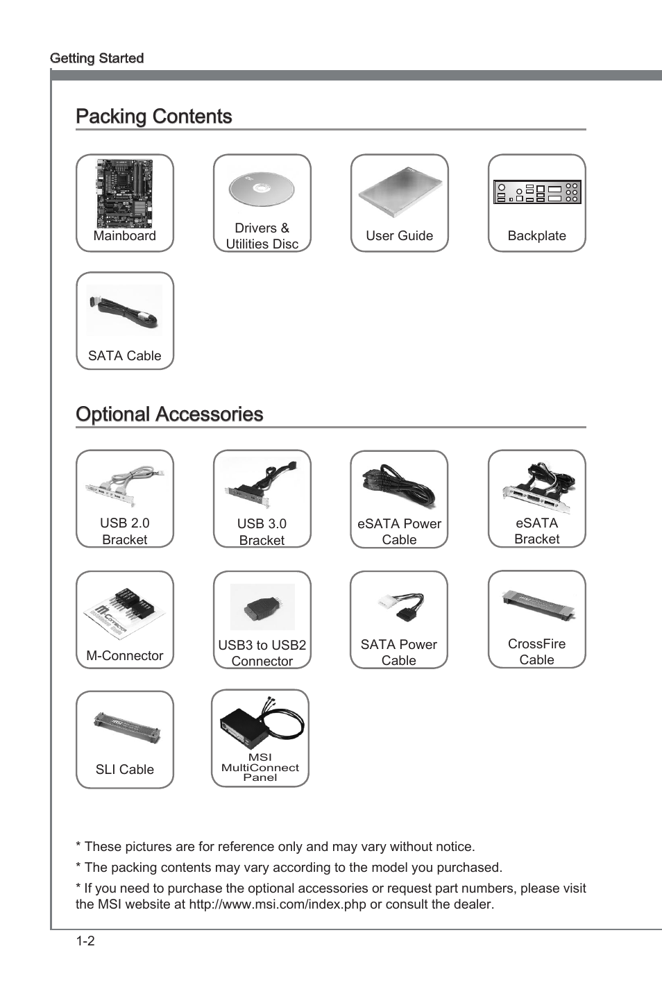 Packing contents, Optional accessories, Packng contents -2 optonal accessores -2 | Packng contents, Optonal accessores | MSI Z77A-GD65 User Manual | Page 12 / 94