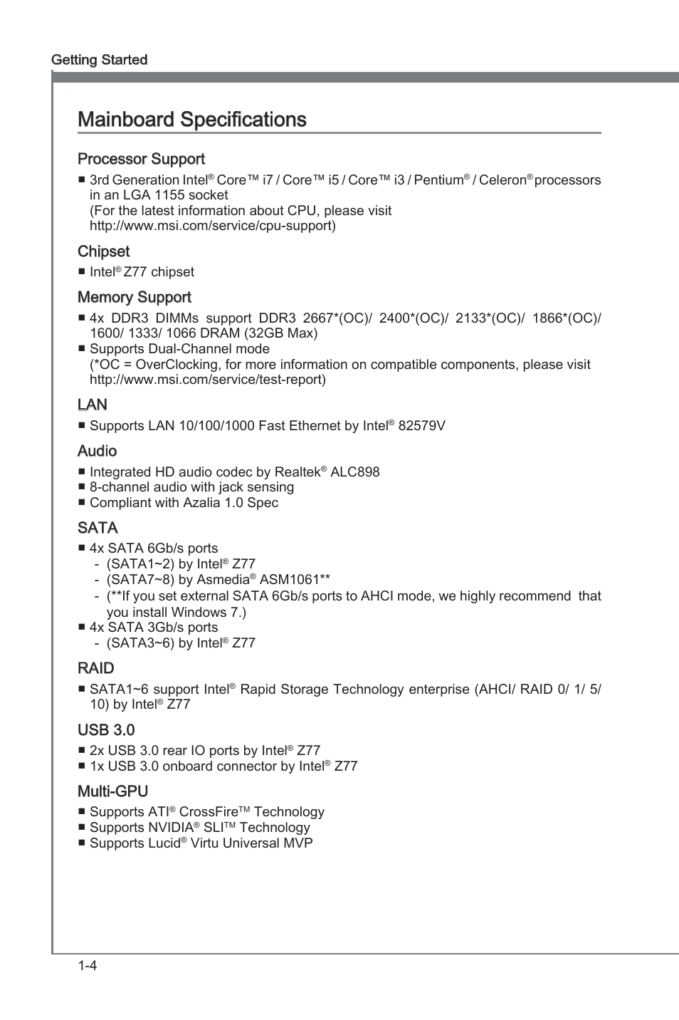 Mainboard specifications, Manboard specficatons -4, Manboard specficatons | MSI Z77A-GD65 User Manual | Page 14 / 94