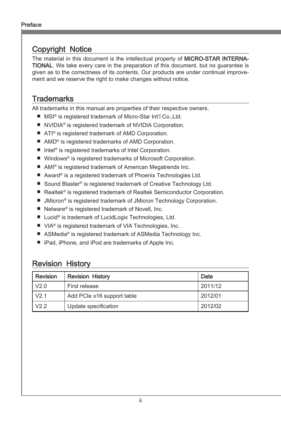 Copyright notice, Trademarks, Revision history | Copyrght notce, Revson hstory | MSI Z77A-GD65 User Manual | Page 2 / 94