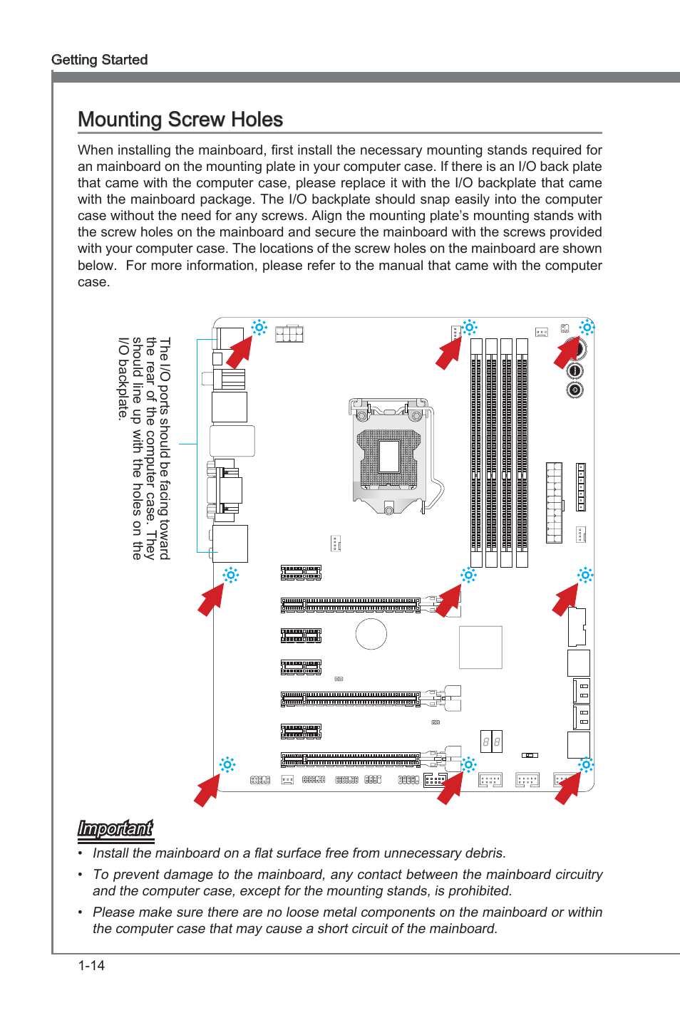 Mounting screw holes, Mountng screw holes -14, Mountng screw holes | Important | MSI Z77A-GD65 User Manual | Page 24 / 94