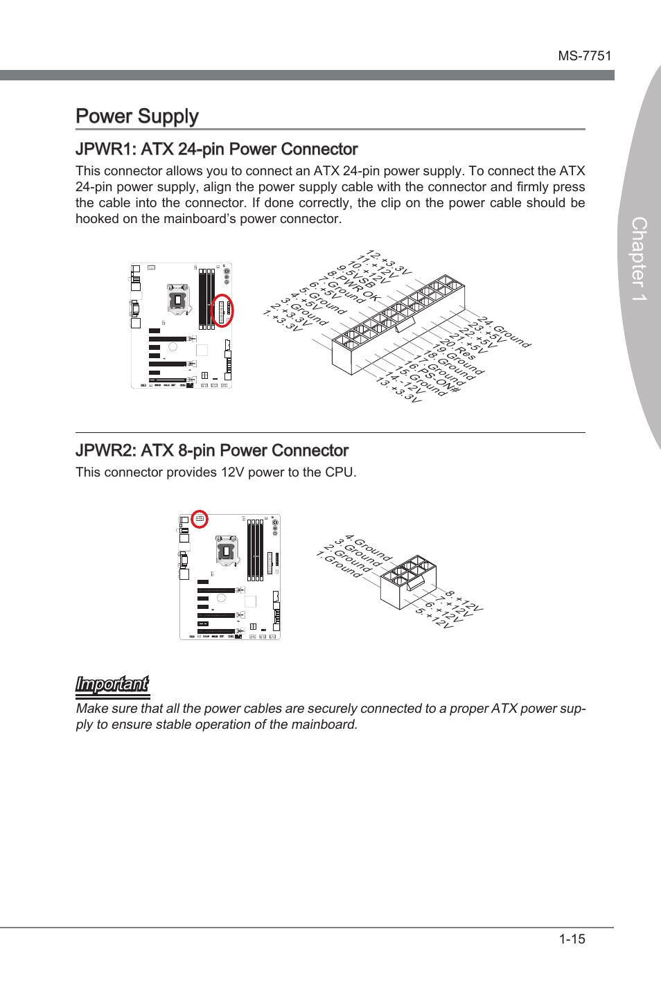 Power supply, Power supply -15, Jpwr1 | Atx 24-pn power connector, Jpwr2, Atx 8-pn power connector, Chapter 1 power supply, Jpwr1: atx 24-pn power connector, Jpwr2: atx 8-pn power connector, Important | MSI Z77A-GD65 User Manual | Page 25 / 94