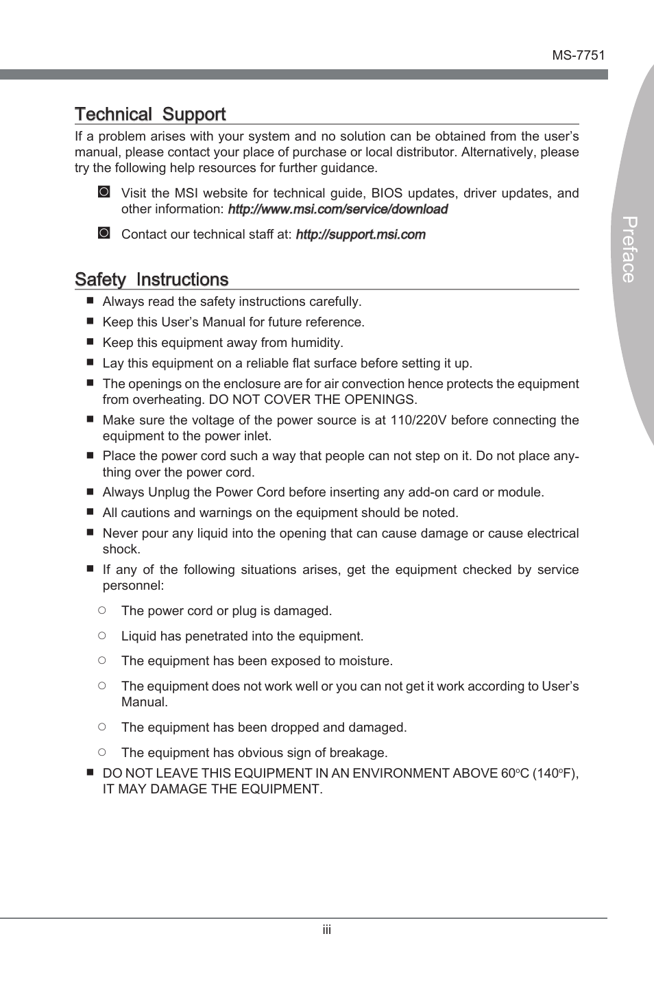 Technical support, Safety instructions, Preface | Techncal support, Safety instructons | MSI Z77A-GD65 User Manual | Page 3 / 94